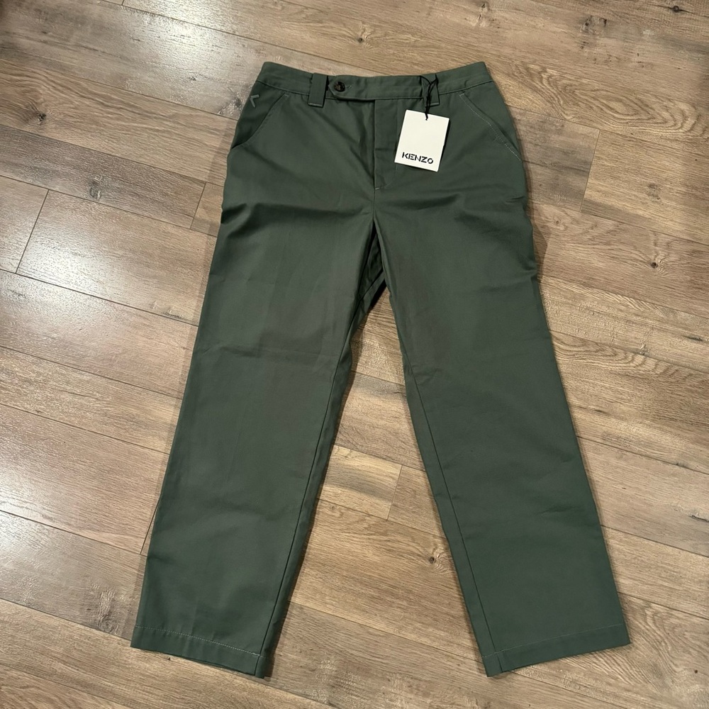 NWT KENZO Paris Dark Khaki Green Trouser Chino Pants Men's Size 42x29 Cropped